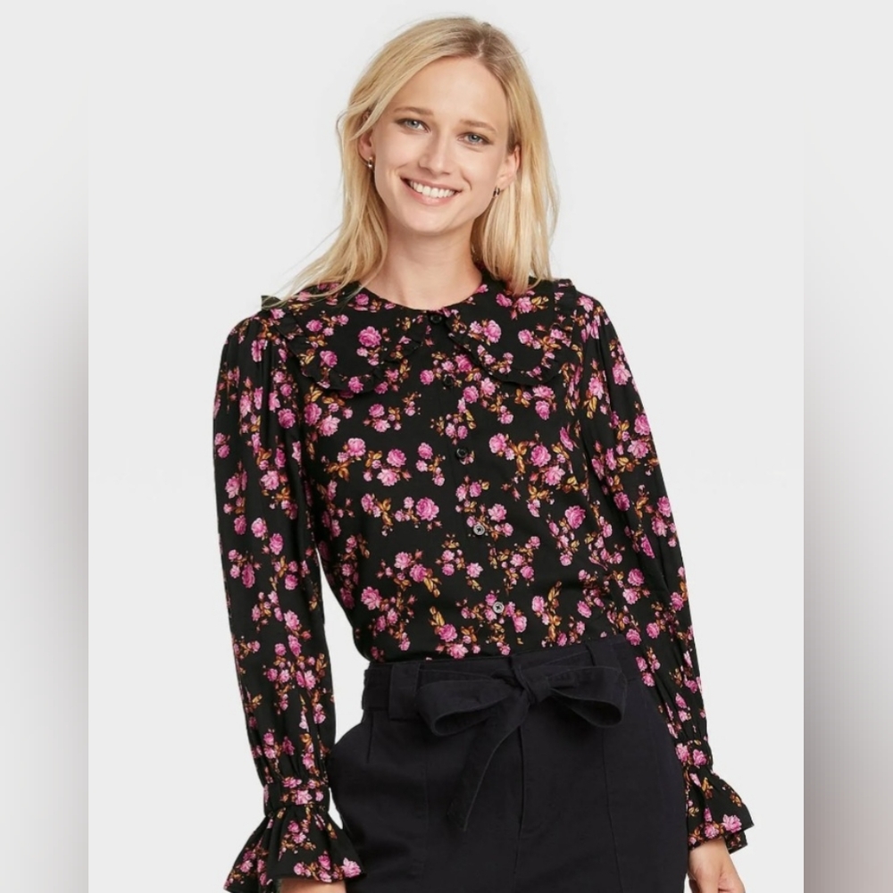 Who What Wear black and purple floral shirt